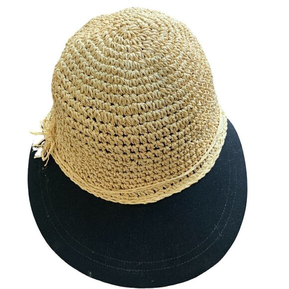Jaclyn Smith Sun Hat Wide Canvas Stiff Brim Flat Back Woven Cap & Bow #256E - Picture 1 of 8